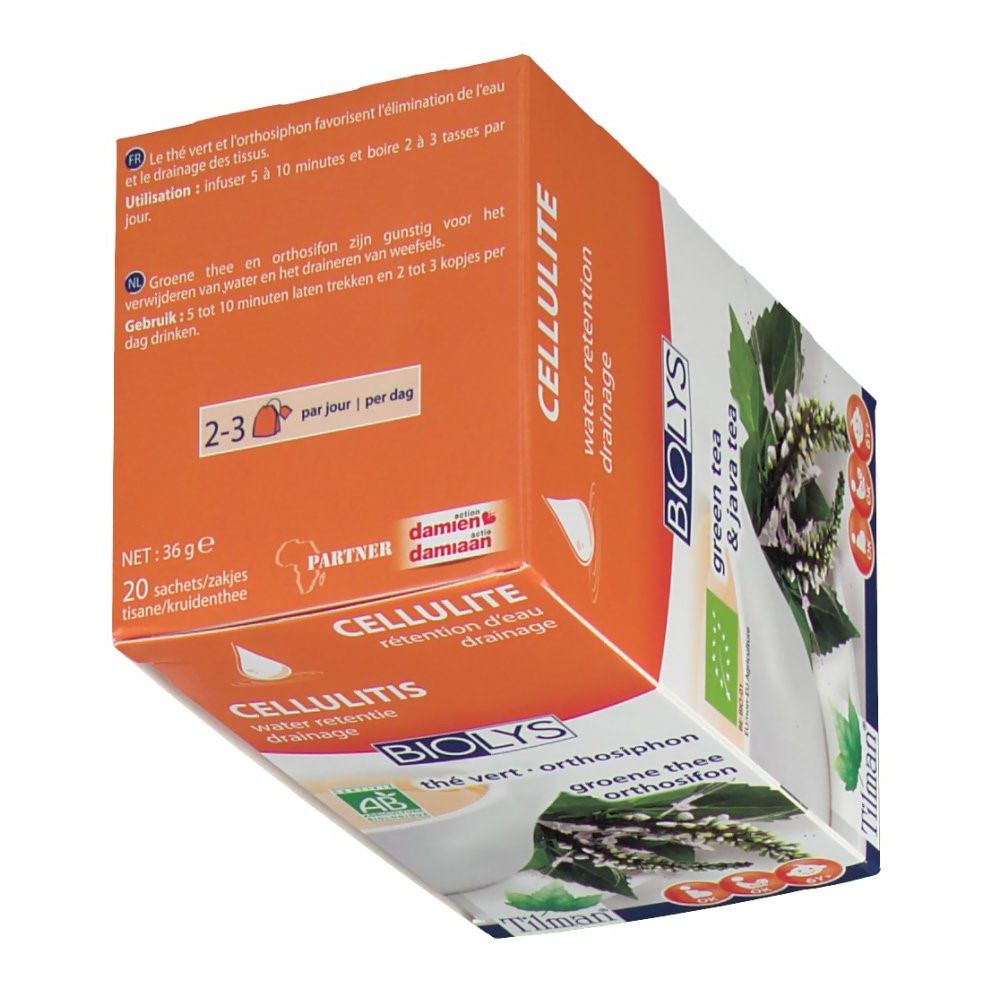Confezione Biolys Thé Vert - Orthosiphon. Scatola arancione e bianca con testo e logo. 20 bustine, 36g.