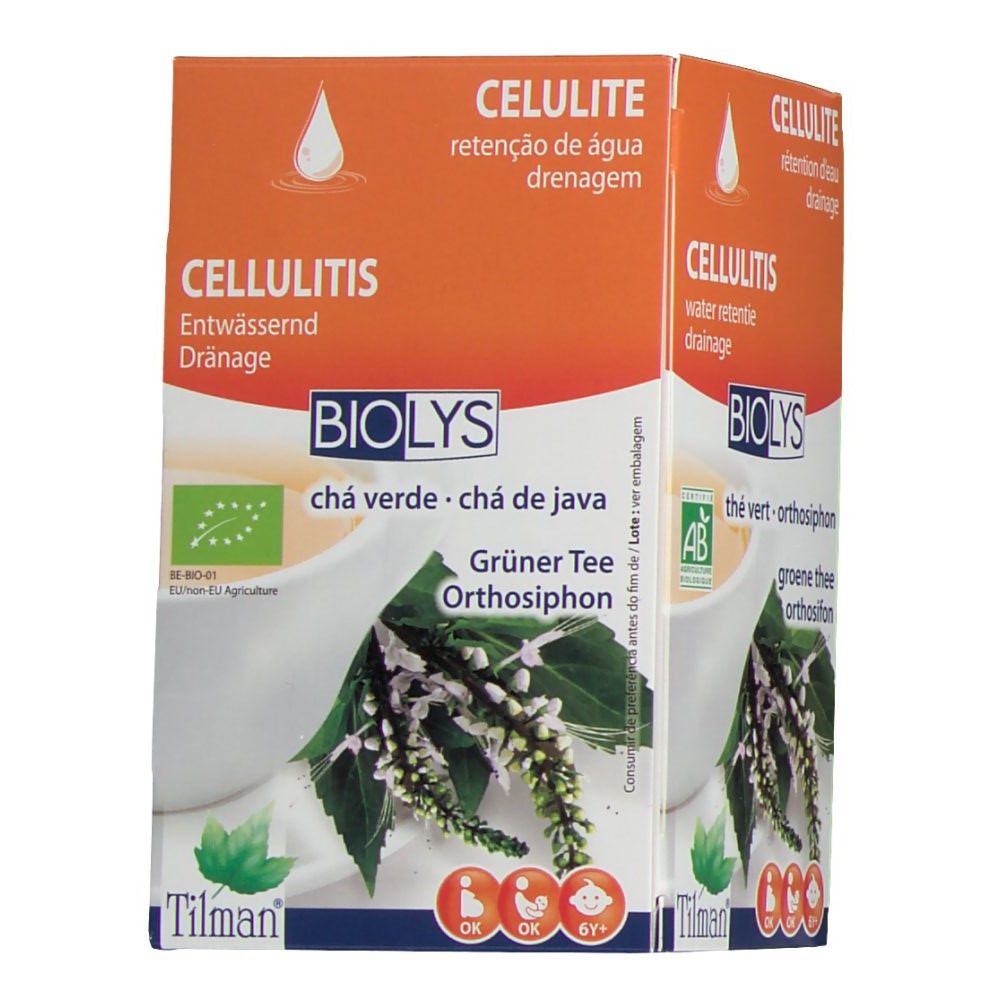 Confezione di Biolys Thé Vert - Orthosiphon. Scatola arancione e bianca con testo e logo. Marchio bio UE.