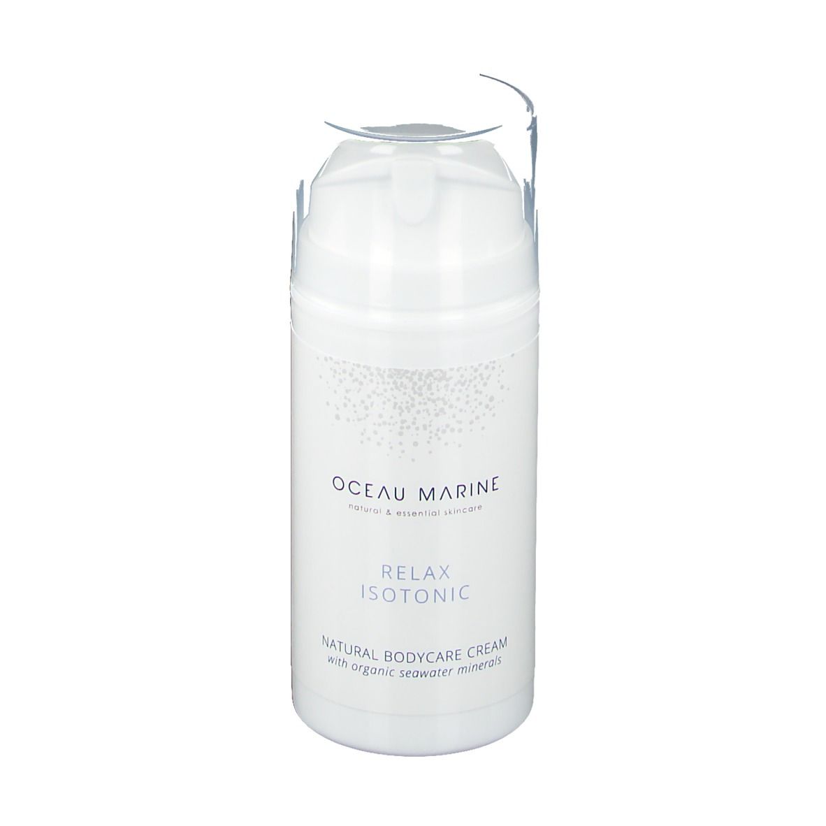 Flacone bianco con testa a pompa. Scritta: oceau marine, Relax Isotonic, Natural Bodycare Cream. Tappo trasparente.