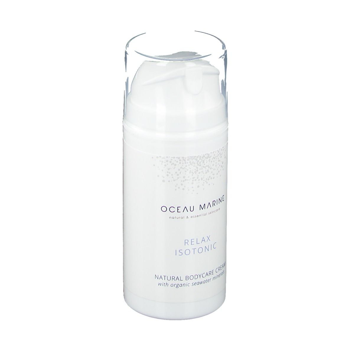 Flacone bianco con testa a pompa. Scritta: oceau marine, Relax Isotonic, Natural Bodycare Cream. Tappo trasparente.
