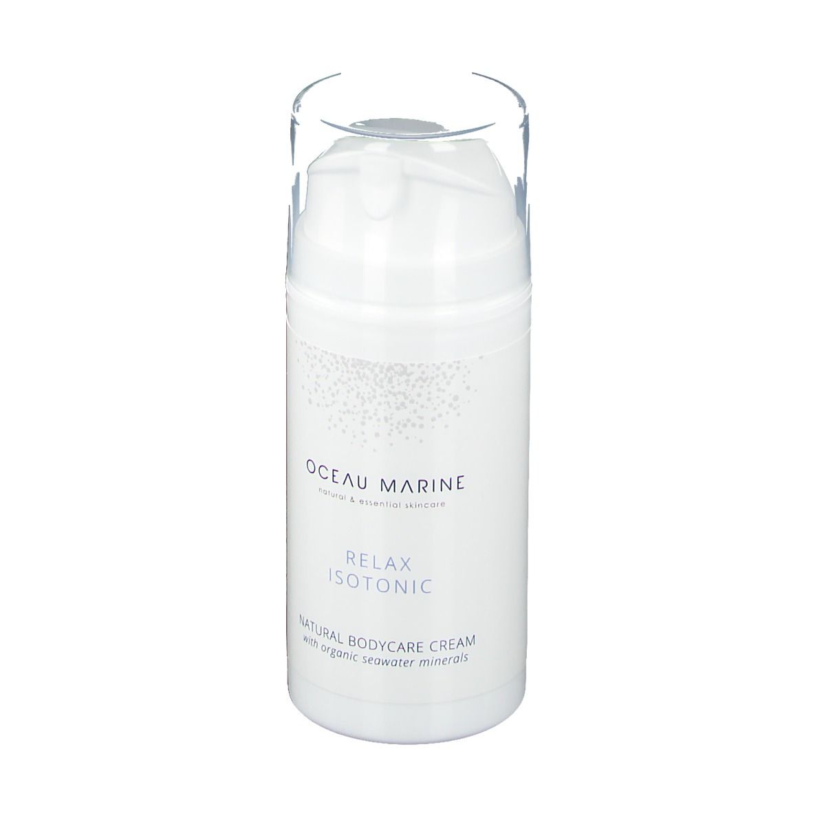 Flacone bianco con testa a pompa. Scritta: oceau marine, Relax Isotonic, Natural Bodycare Cream. Tappo trasparente.