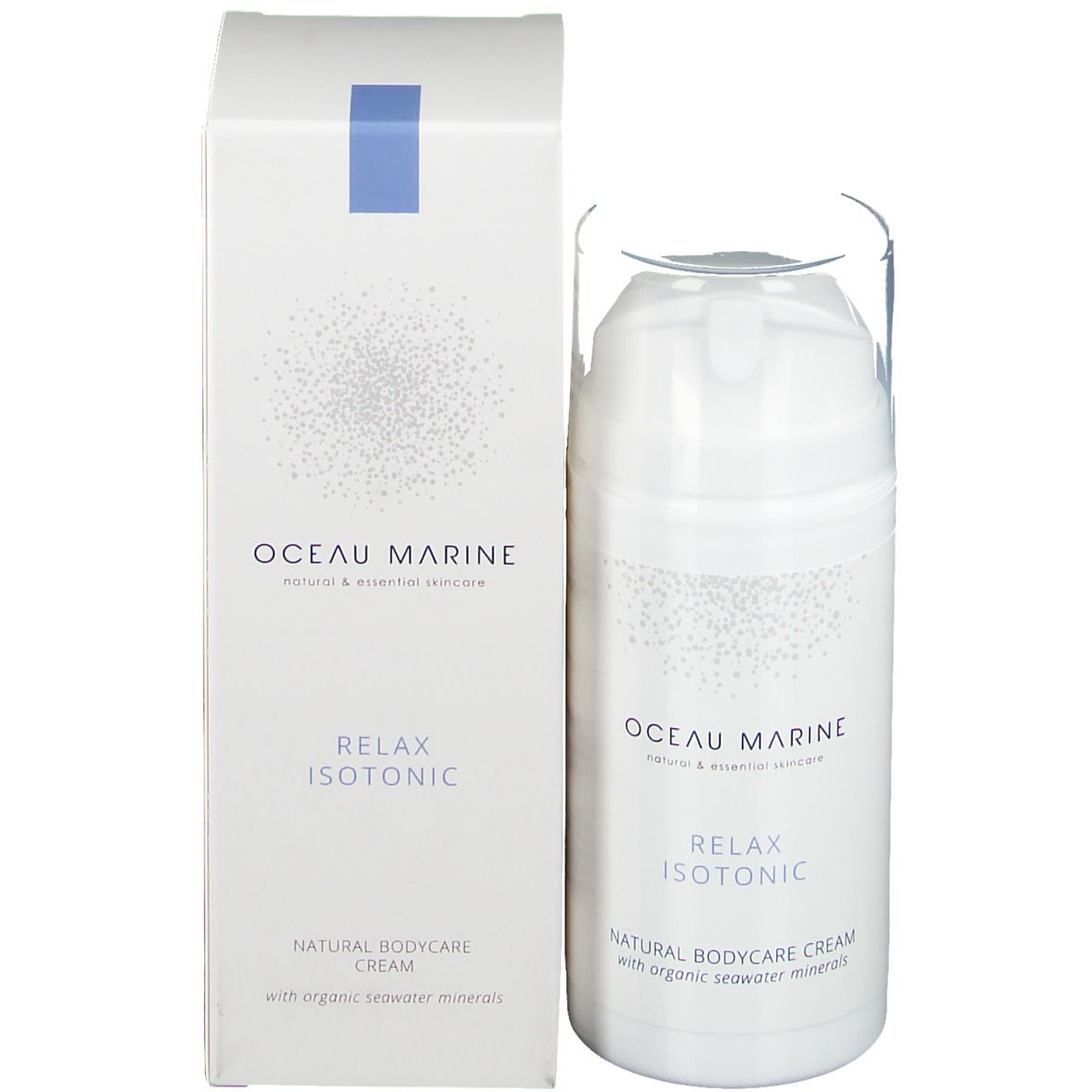 Flacone bianco e scatola. Scritta: oceau marine, Relax Isotonic, Natural Bodycare Cream. Tappo trasparente.