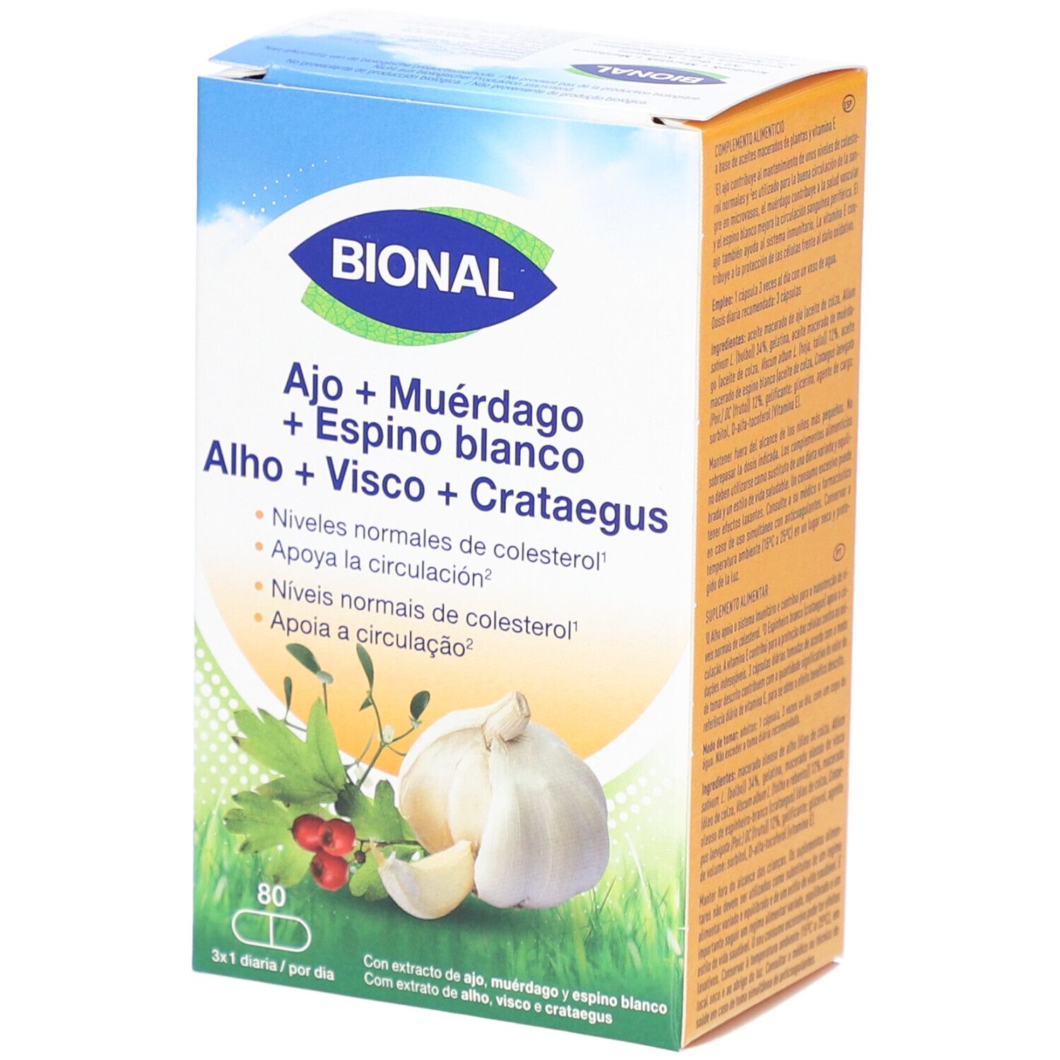 Confezione BIONAL. Contiene 80 capsule. Scritte: Ail + Gui + Aubépine, Knoflook + Maretak + Meidoorn.
