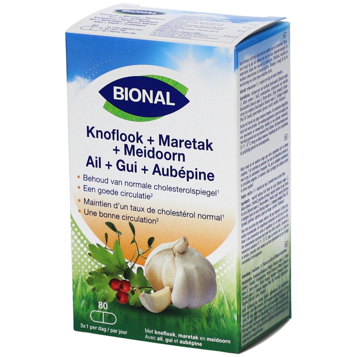 Confezione BIONAL. Contiene 80 capsule. Scritte: Ail + Gui + Aubépine, Knoflook + Maretak + Meidoorn.