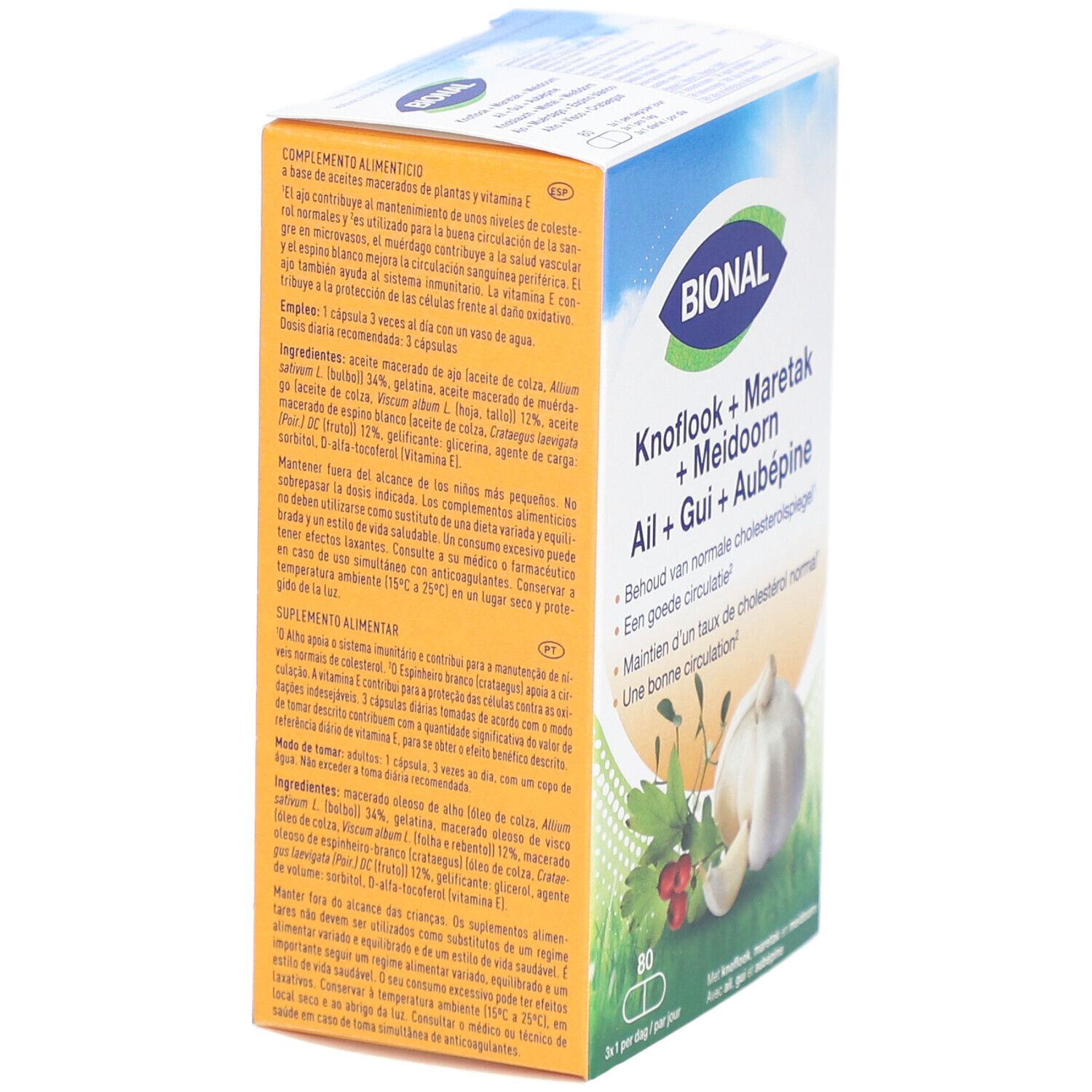 Confezione BIONAL. Contiene 80 capsule. Scritte: Ail + Gui + Aubépine, Knoflook + Maretak + Meidoorn.