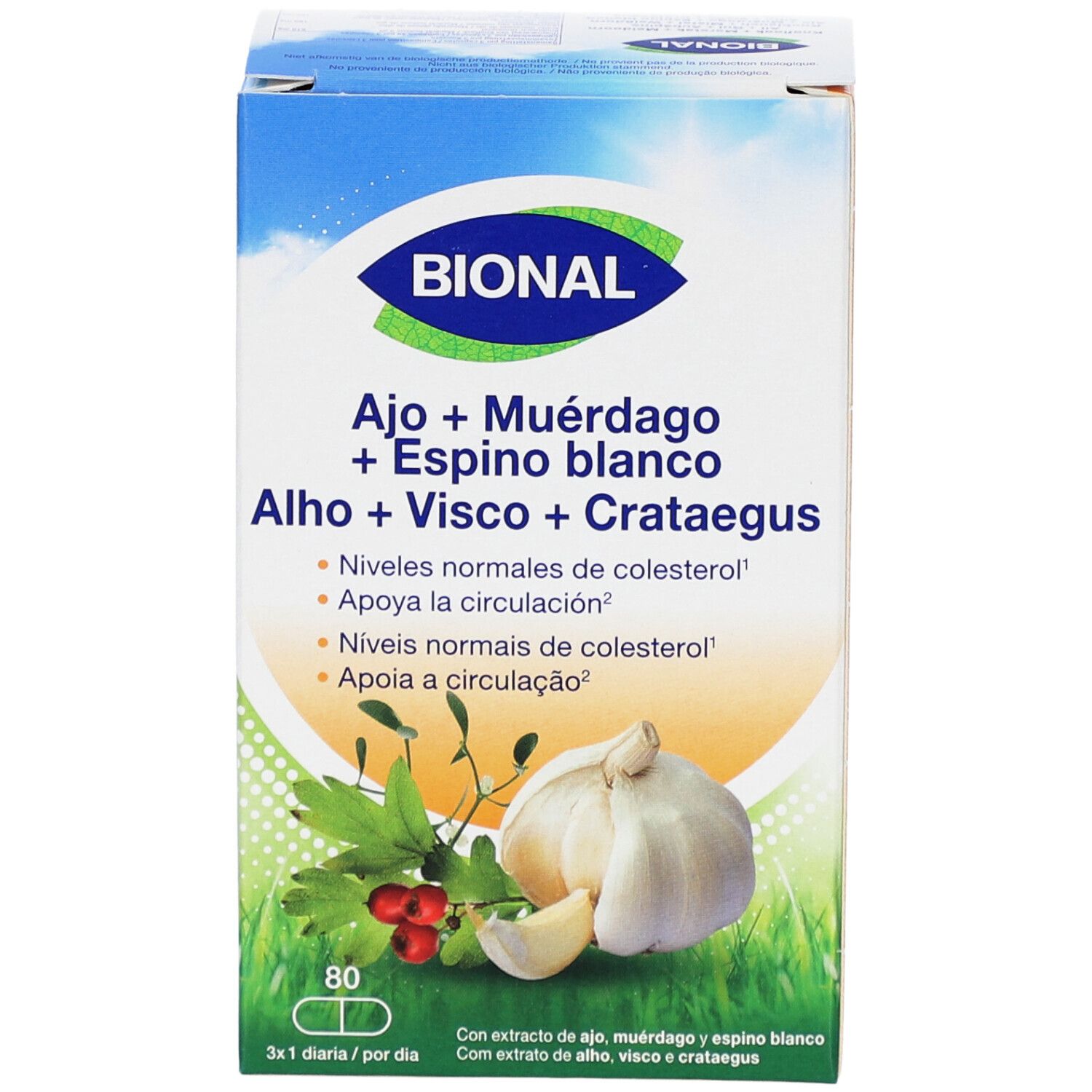 Confezione BIONAL. Contiene 80 capsule. Scritte: Ail + Gui + Aubépine, Knoflook + Maretak + Meidoorn.