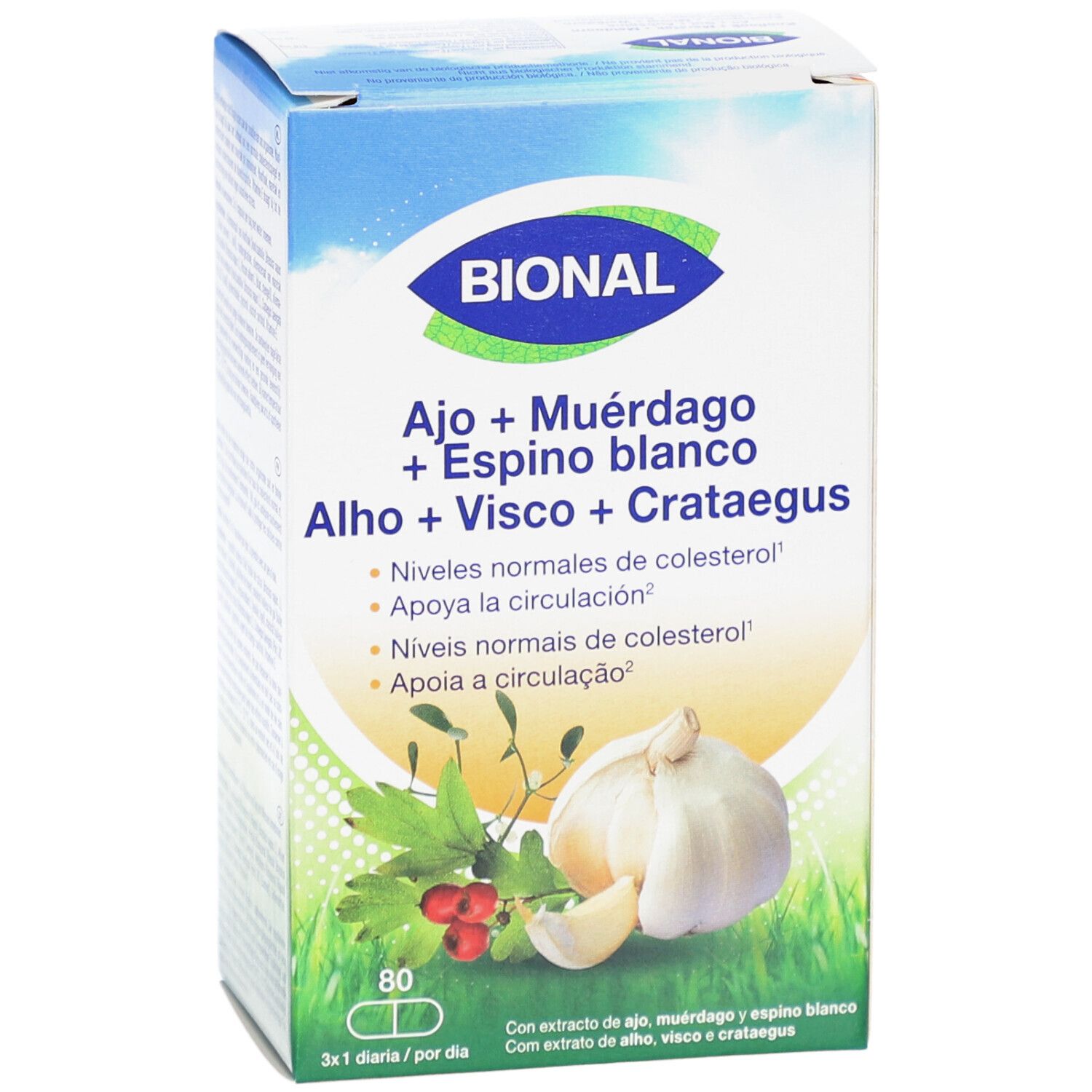 Confezione BIONAL. Contiene 80 capsule. Scritte: Ail + Gui + Aubépine, Knoflook + Maretak + Meidoorn.