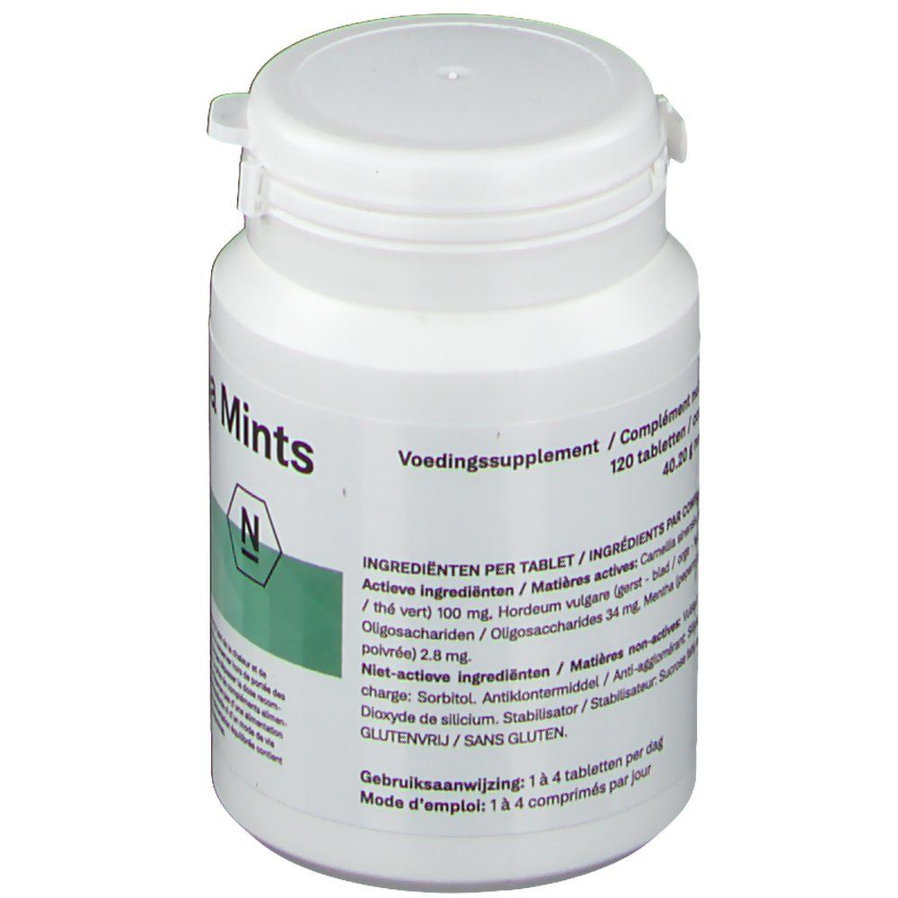 Flacone bianco con etichetta verde. Scritta: Integratore alimentare. Elenco ingredienti. Coperchio a cerniera.