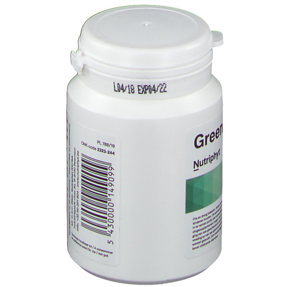 Flacone bianco con etichetta verde. Scritta: Green Tea Mints, Nutriphyt. Codice a barre e data di scadenza. Coperchio a cerniera.