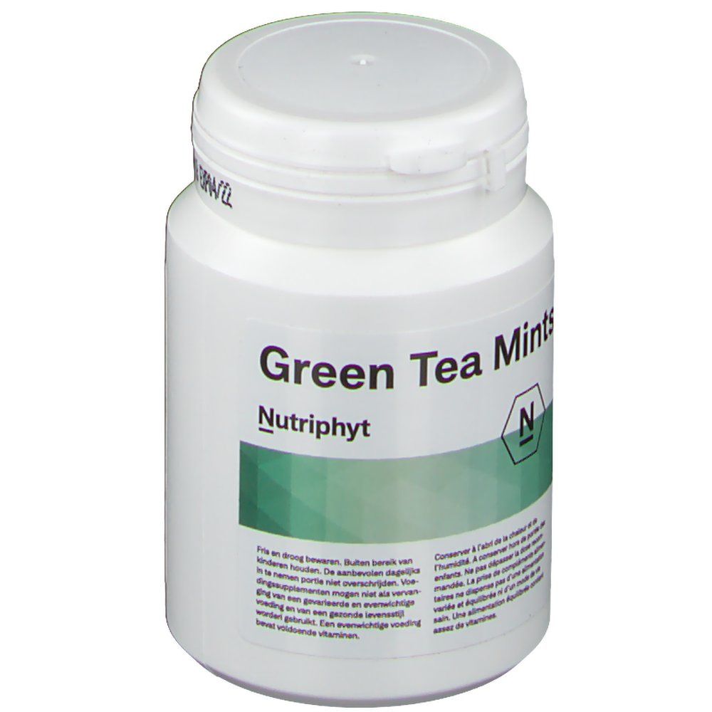 Flacone bianco con etichetta verde. Scritta: Green Tea Mints, Nutriphyt. Coperchio con chiusura a scatto.