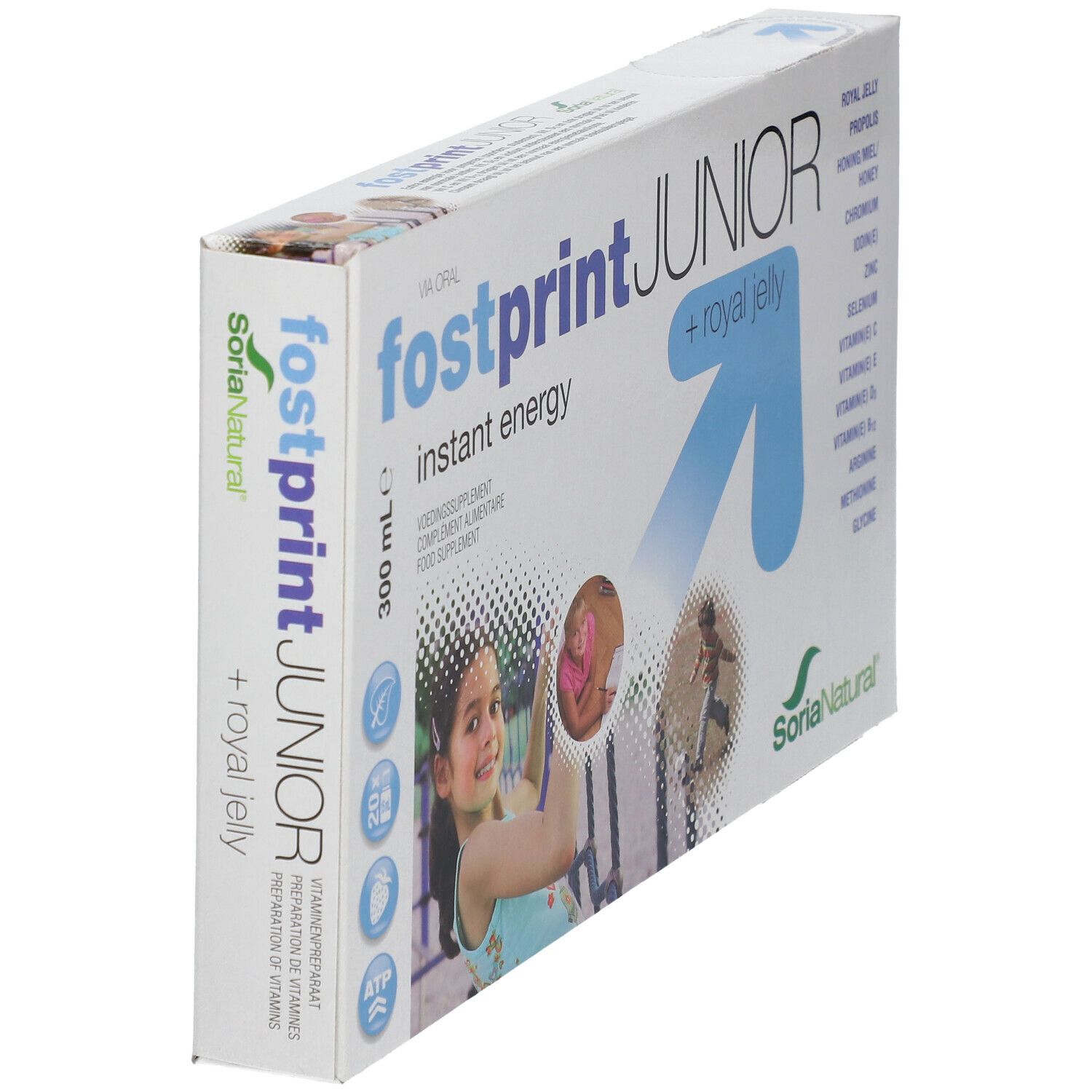 Scatola con "fostprint JUNIOR" e "+ royal jelly". Vista laterale con logo e nome del prodotto. Contiene immagini di bambini.