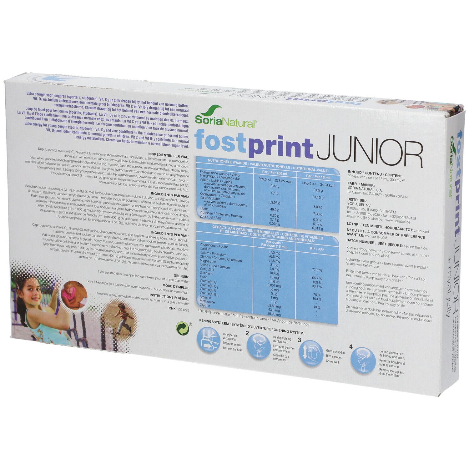 Retro della scatola con informazioni sugli ingredienti e istruzioni per l'uso. Logo e nome del prodotto "fostprint JUNIOR" visibili.