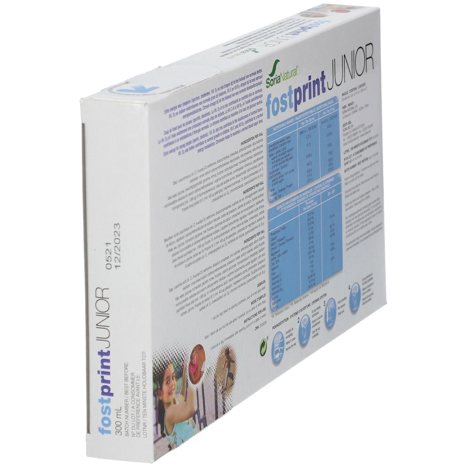 Vista laterale della scatola con testo e logo. Il nome del prodotto "fostprint JUNIOR" e la data di scadenza sono visibili.
