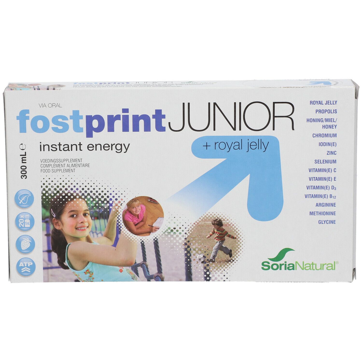 Scatola bianca con "fostprint JUNIOR" e "+ royal jelly". Contiene immagini di bambini e informazioni sugli ingredienti.