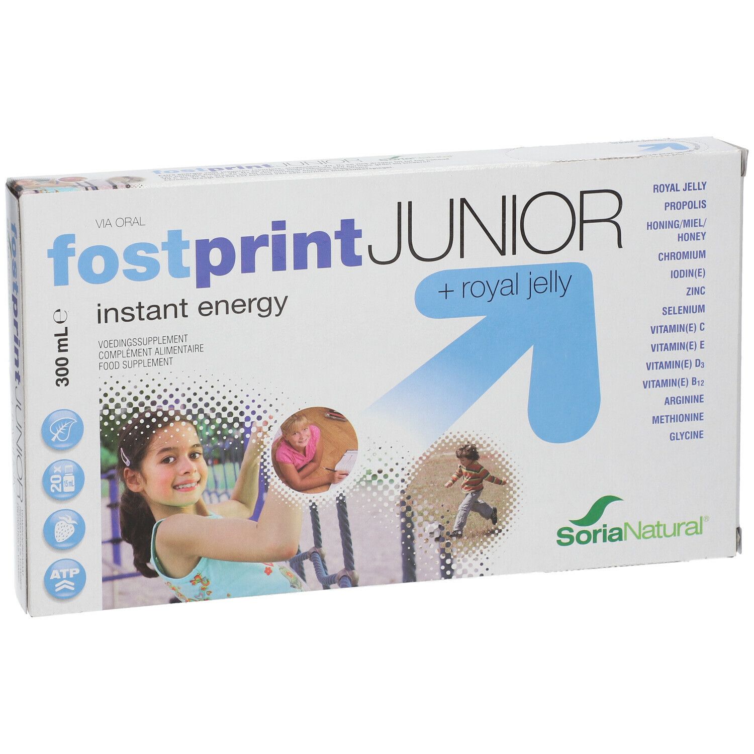 Scatola bianca con "fostprint JUNIOR" e "+ royal jelly". Contiene immagini di bambini e informazioni sugli ingredienti.