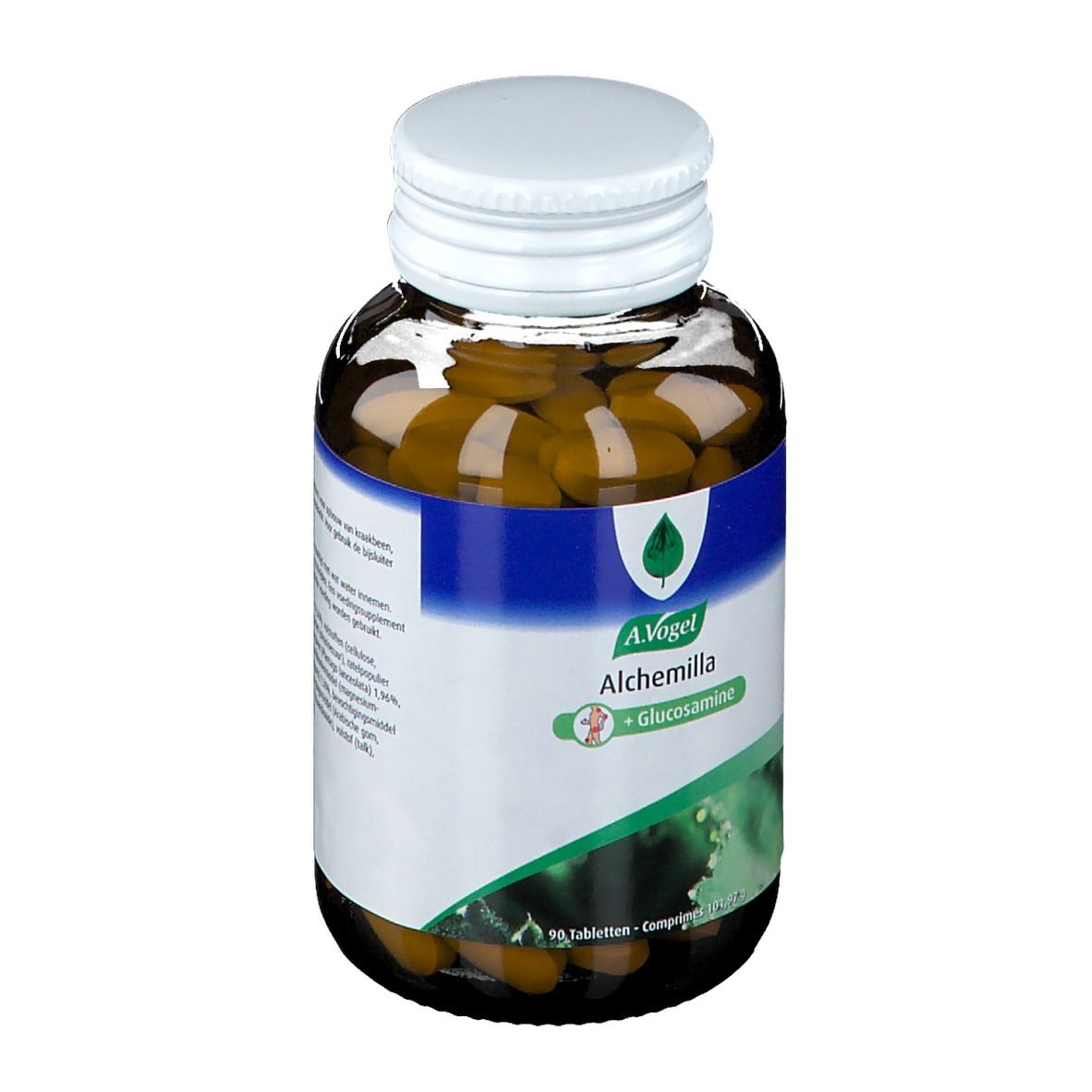 Compresse marroni in un flacone di vetro marrone con tappo bianco. Scritta: A.Vogel Alchemilla + Glucosamine.