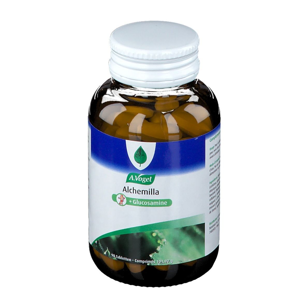 Compresse marroni in un flacone di vetro marrone con tappo bianco. Scritta: A.Vogel Alchemilla + Glucosamine.