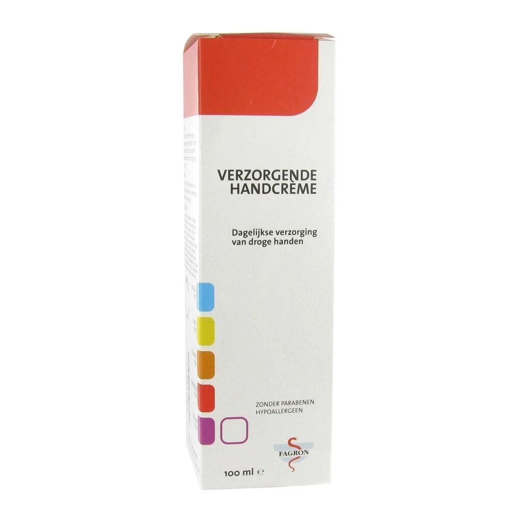 Confezione di Verzorgende Handcrème. Coperchio rosso, testo bianco, quadrati colorati. Senza parabeni.