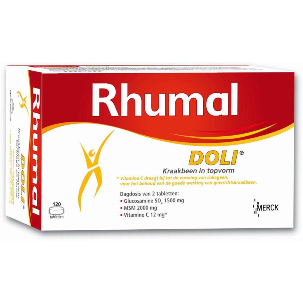 Confezione di Rhumal Doli®. Scatola rossa e bianca con nome del prodotto e ingredienti. 120 compresse.