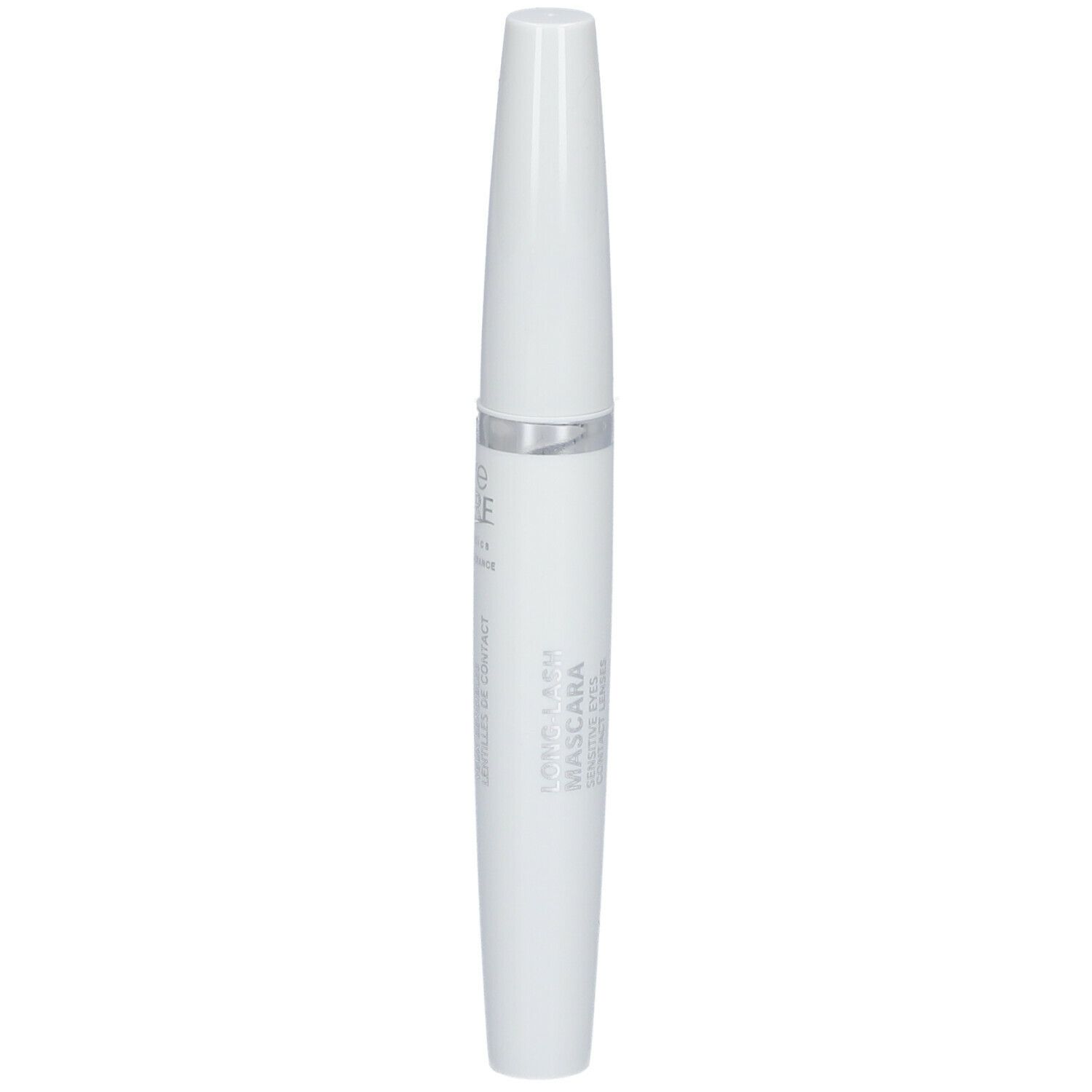 Tubo mascara bianco con anello argentato. Testo: EYE CARE, Mascara Allongeant, lenti a contatto.