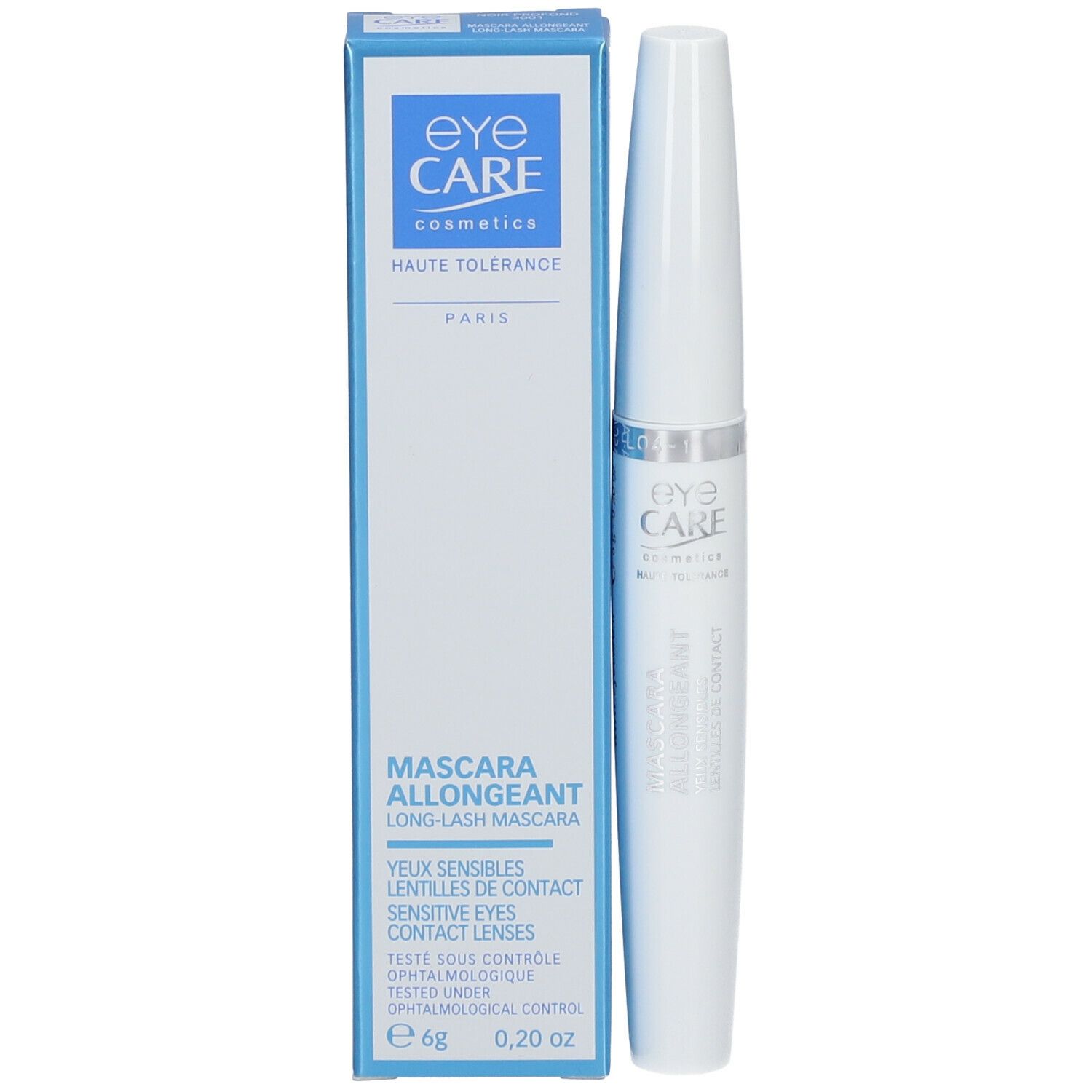 Confezione mascara con tubo bianco e scatola blu. Testo: EYE CARE, Mascara Allongeant, 6g, 0,20 oz.