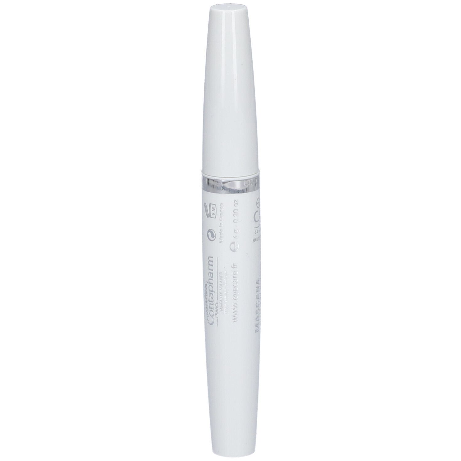 Tubetto mascara bianco con anello argentato. Testo: Costapharm, Mascara, Bleu Marine. Per portatori di lenti.