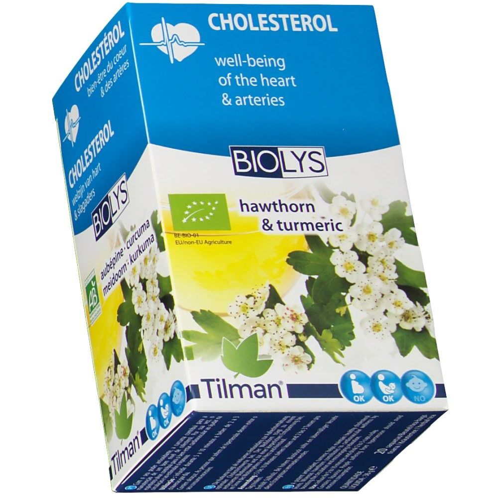 Confezione Biolys inclinata. Scritta: Colesterolo, biancospino & curcuma. Logo bio UE. Immagine di fiori e foglie.
