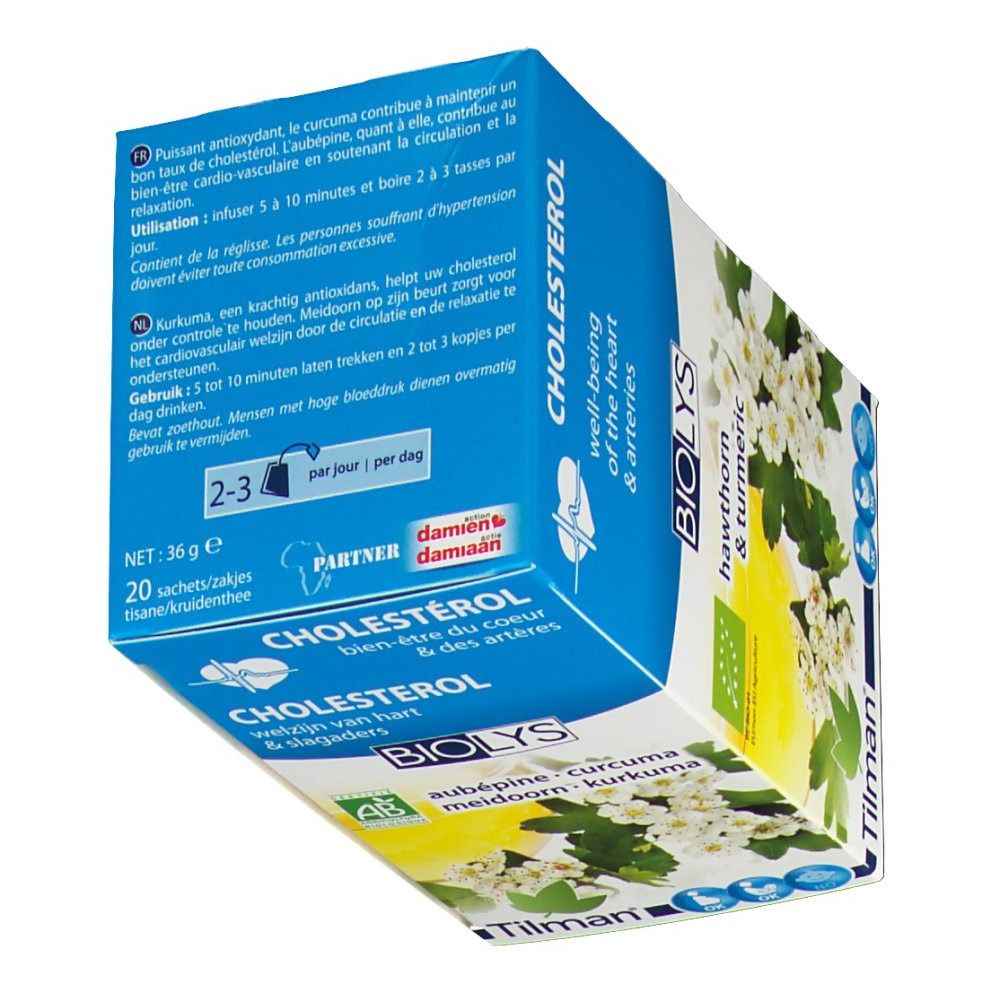 Confezione Biolys con testo: Colesterolo, biancospino-curcuma. Contiene 20 bustine. Testo e illustrazioni sulla confezione.