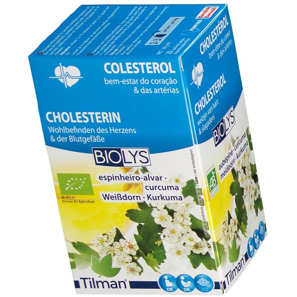 Confezione Biolys. Scritta: Colesterolo, biancospino-curcuma. Logo AB. Immagine di fiori e foglie. Multilingue.