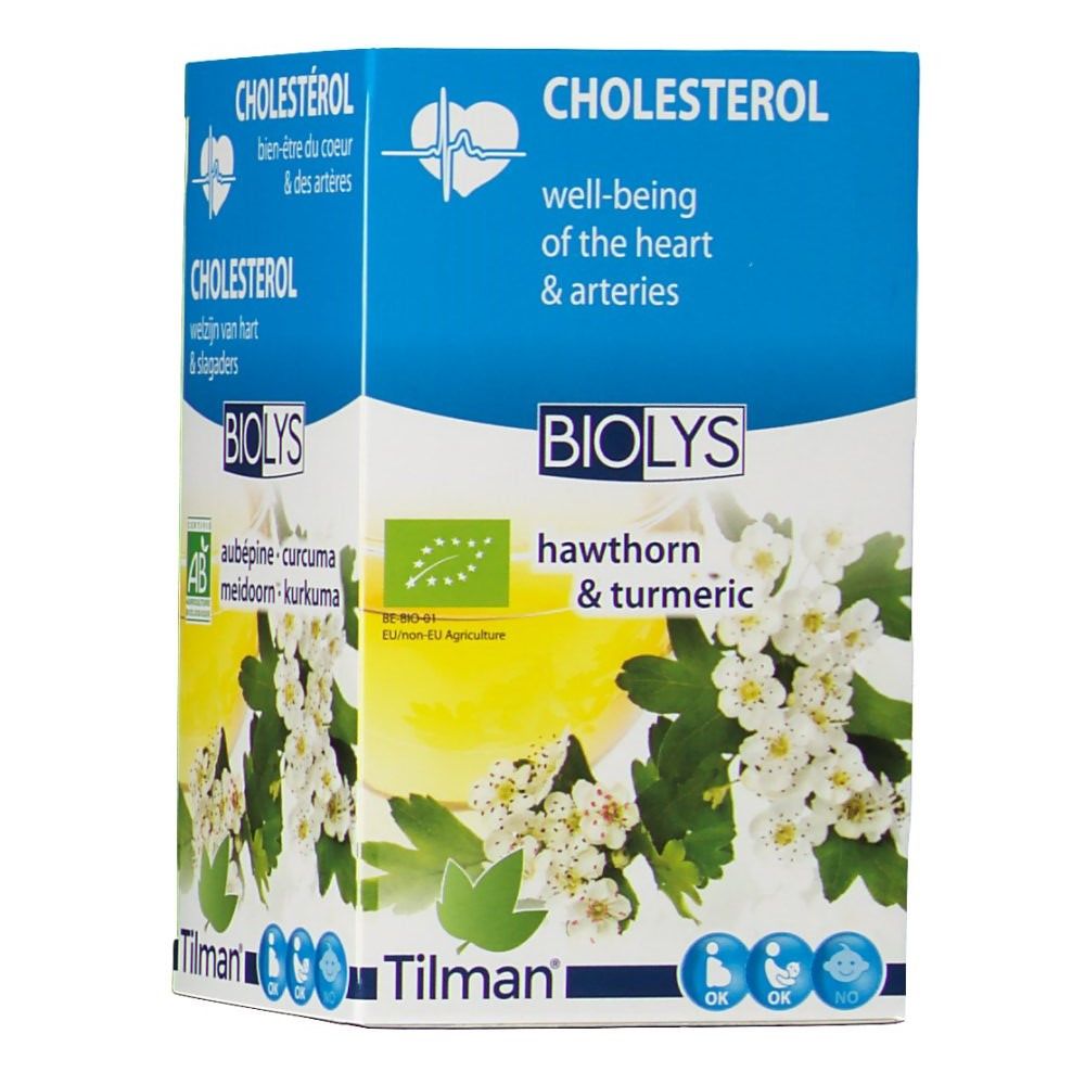 Confezione Biolys. Scritta: Colesterolo, biancospino & curcuma. Logo bio UE. Immagine di fiori e foglie. Blu e bianco.