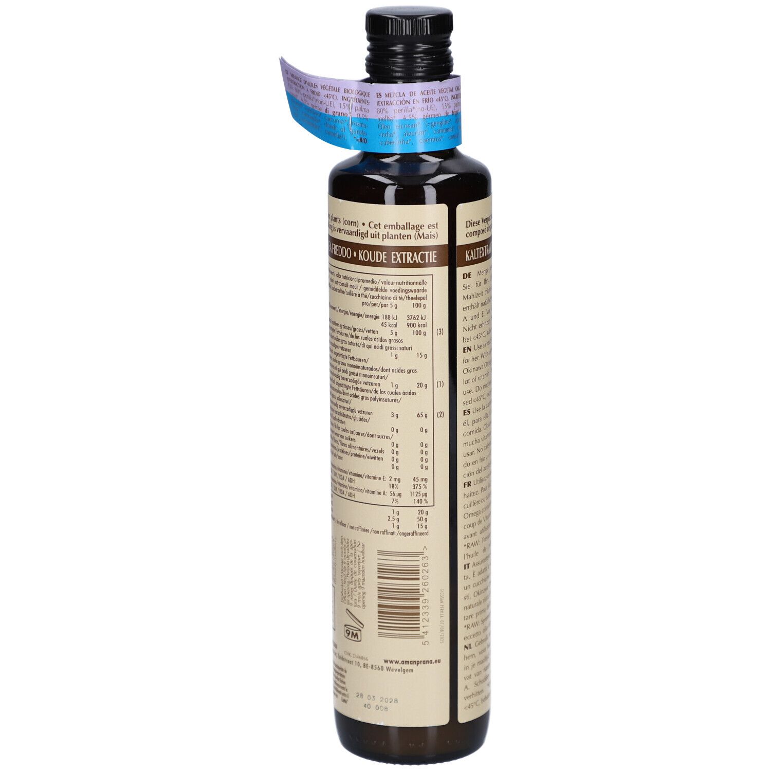 Bottiglia di vetro marrone con etichetta. Testo: Okinawa Omega. Estrazione a freddo. Marchio: AMAN PRANA. Con certificazioni.