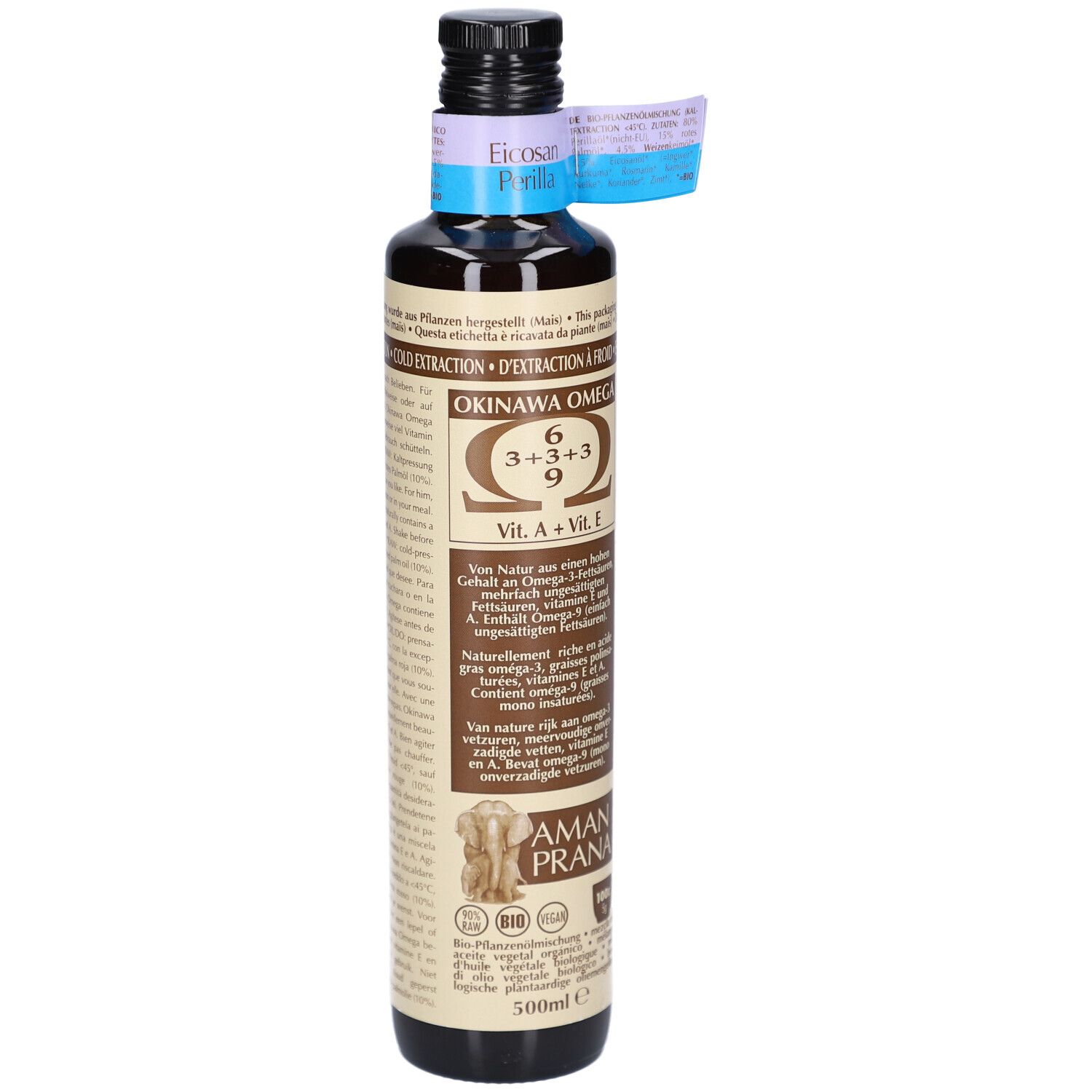 Bottiglia di vetro marrone con etichetta. Scritta: Okinawa Omega 6, 3+3+3, 9. Marchio: AMAN PRANA. Con certificazioni.