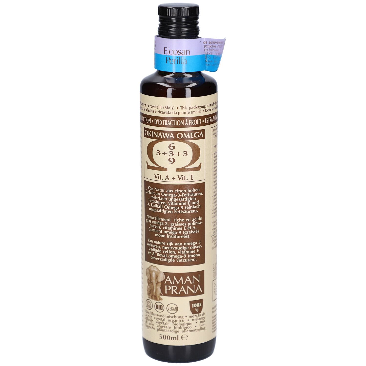 Bottiglia di vetro marrone con etichetta. Scritta: Okinawa Omega 6, 3+3+3, 9. Marchio: AMAN PRANA. Con certificazioni.
