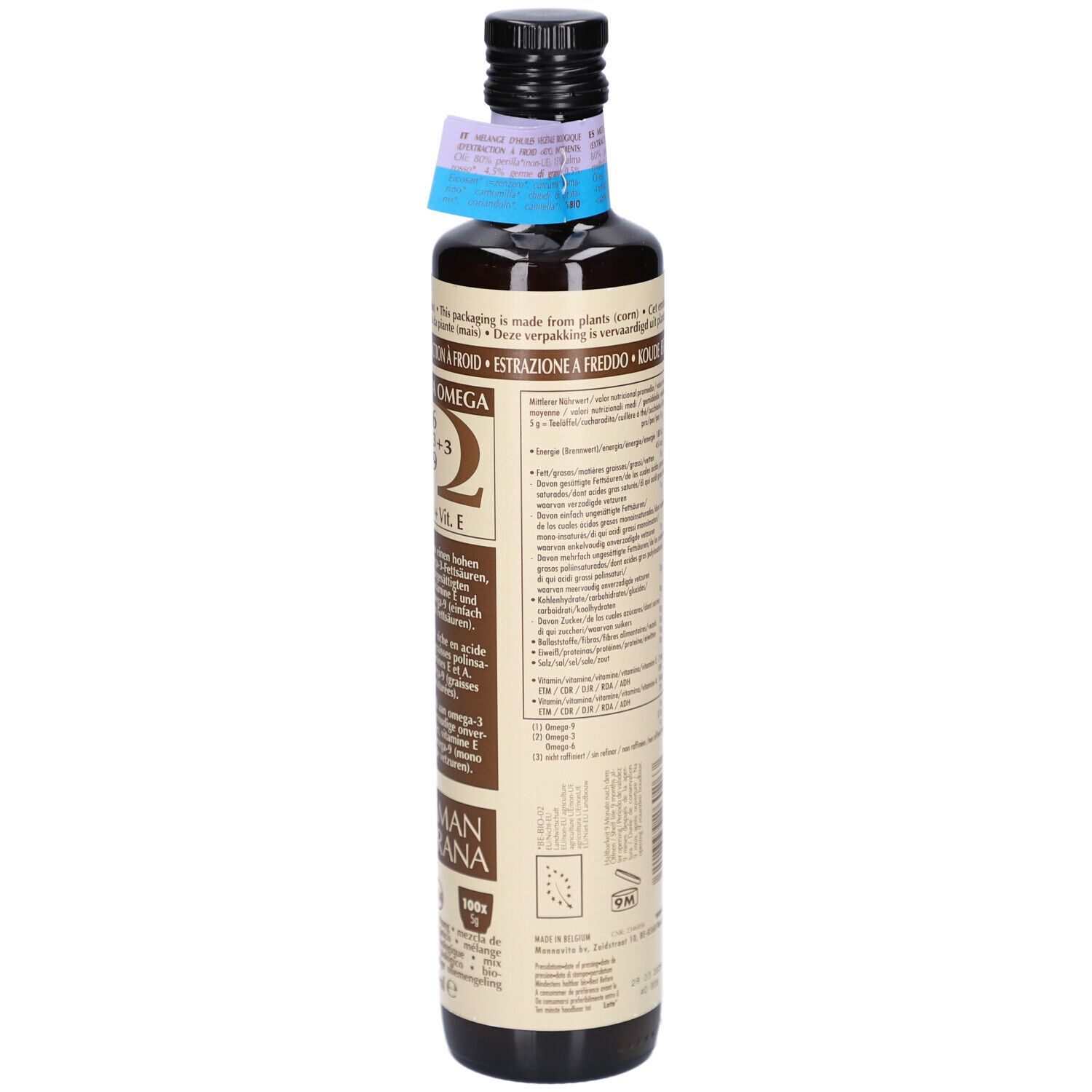 Bottiglia di vetro marrone con etichetta. Scritta: Okinawa Omega 6, 3+3+3, 9. Marchio: AMAN PRANA. Con certificazioni.