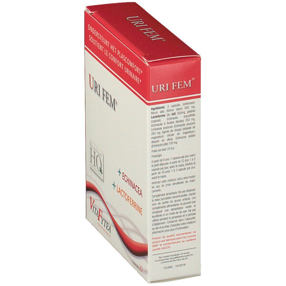 Vista obliqua della confezione di Vitafytea Uri Fem. Scatola bianca con coperchio rosso. Testo e ingredienti.