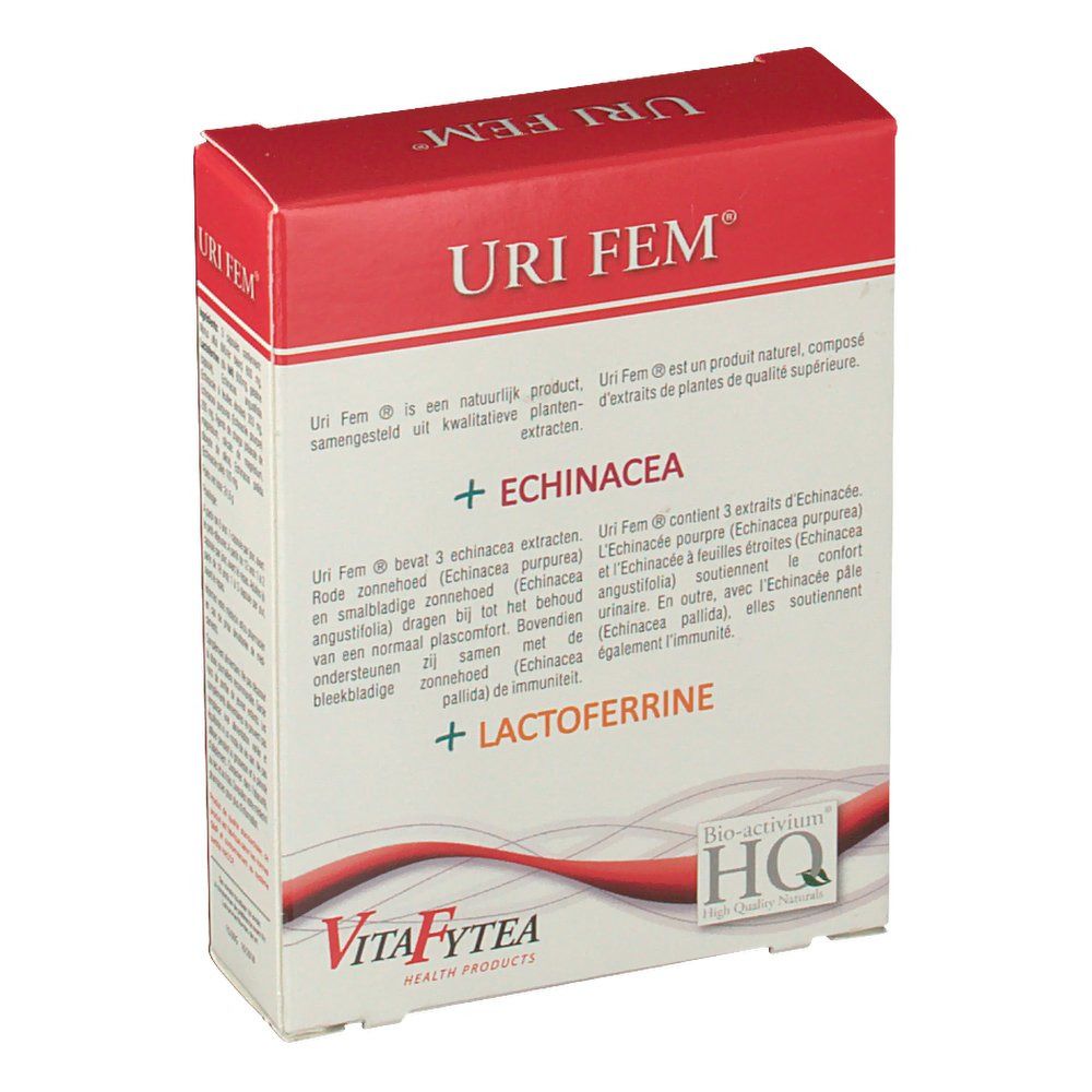 Confezione di Vitafytea Uri Fem. Scatola bianca con coperchio rosso. Scritte Uri Fem, ingredienti e logo HQ.