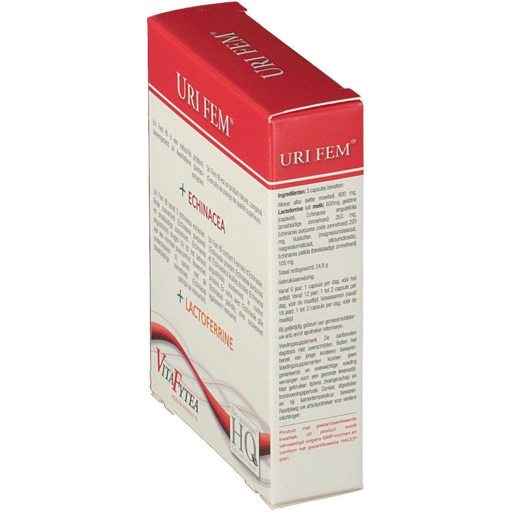 Vista obliqua della confezione di Vitafytea Uri Fem. Scatola bianca con coperchio rosso. Testo e ingredienti.