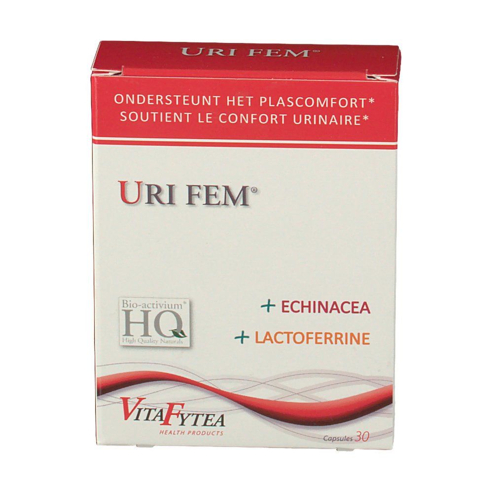 Confezione di Vitafytea Uri Fem. Scatola bianca con coperchio rosso. Scritte Uri Fem, ingredienti e logo HQ.