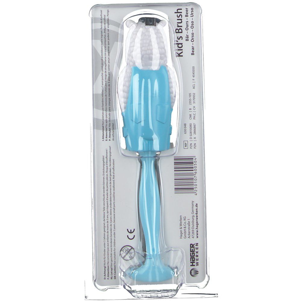 Spazzolino da denti con manico blu e design a testa di orso, confezione blister. Scritta: Kid's Brush.