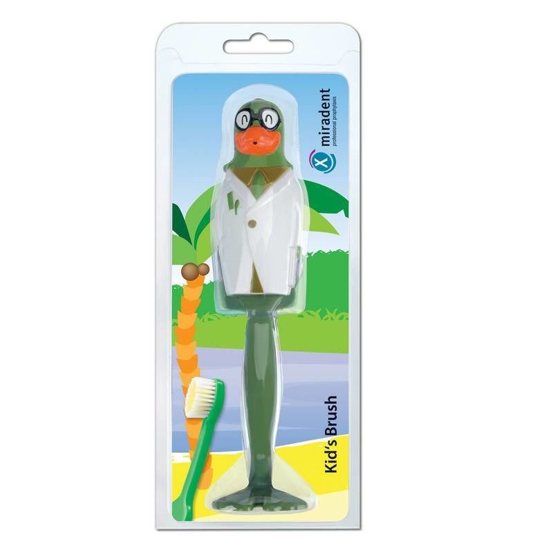 Spazzolino verde con figura di pappagallo, confezionato. Marchio miradent. Scritto: Kid's Brush.