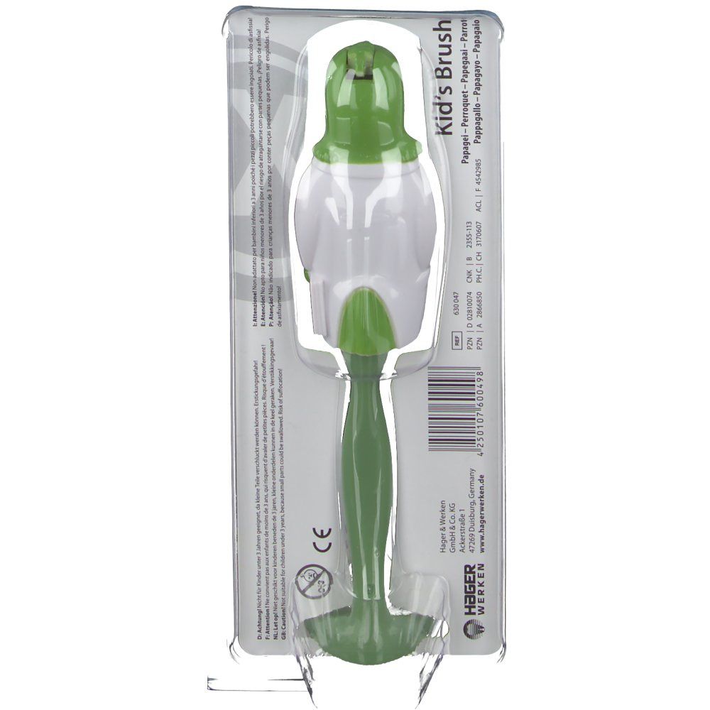 Spazzolino con manico verde e figura di pappagallo, confezionato. Scritto: Kid's Brush.
