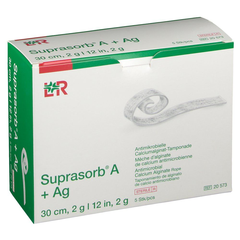 Confezione di Suprasorb A+Ag Mèche. Contiene 5 pezzi. Tampone antimicrobico di alginato di calcio. 30 cm, 2 g/12 pollici, 2 g.