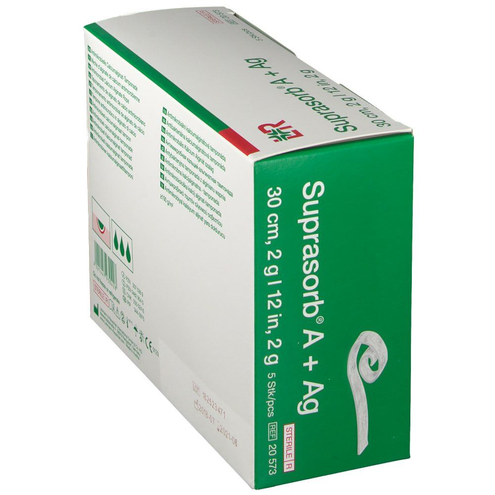 Confezione angolata di Suprasorb A+Ag Mèche. Contiene 5 pezzi. Tampone antimicrobico di alginato di calcio. 30 cm, 2 g/12 pollici, 2 g.