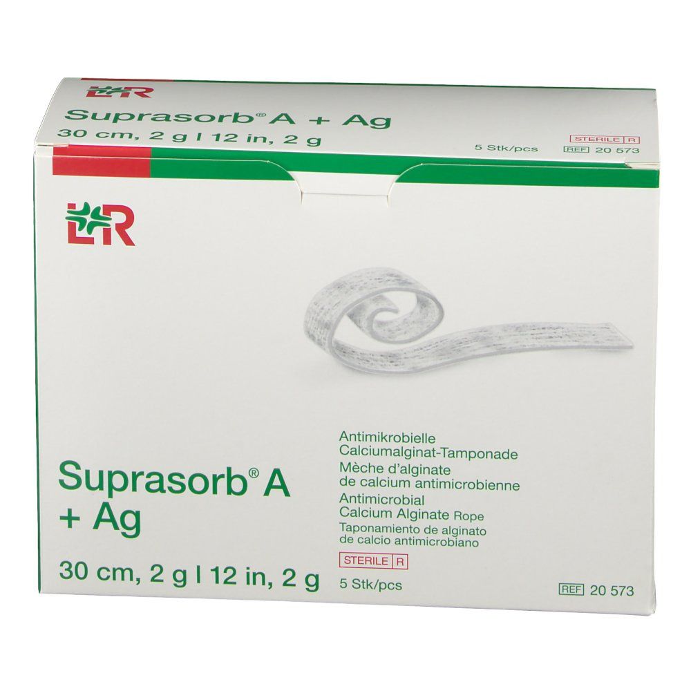 Confezione di Suprasorb A+Ag Mèche. Contiene 5 pezzi. Tampone antimicrobico di alginato di calcio. 30 cm, 2 g/12 pollici, 2 g.