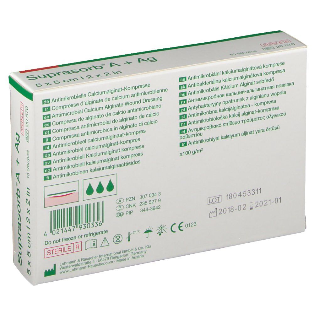 Retro della confezione Suprasorb A + Ag, 5 x 5 cm. Informazioni multilingue. Sterile. Numero di lotto e scadenza.