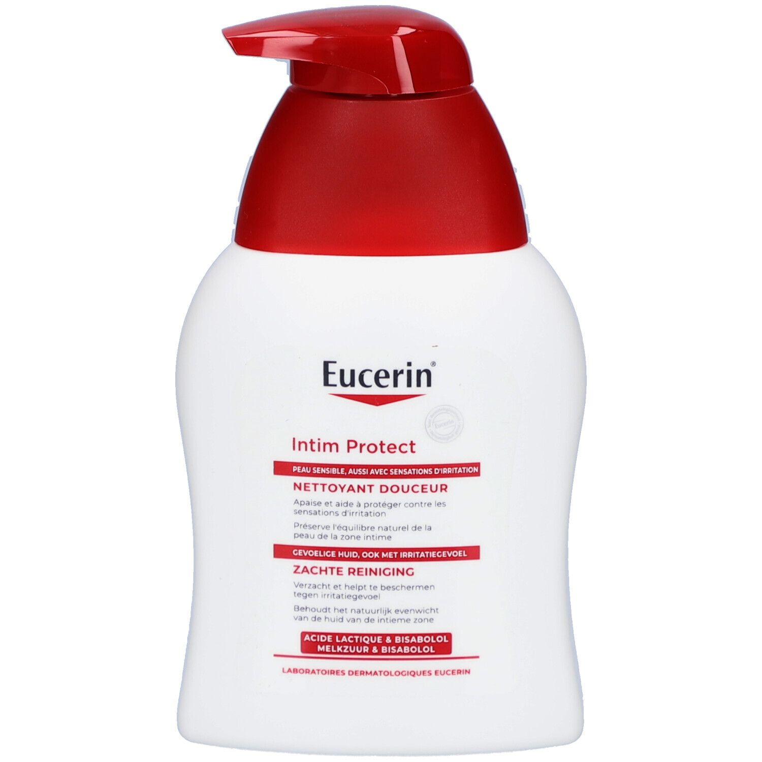 Dispenser bianco con erogatore rosso. Eucerin Intim Protect, testo. Informazioni sul flacone.