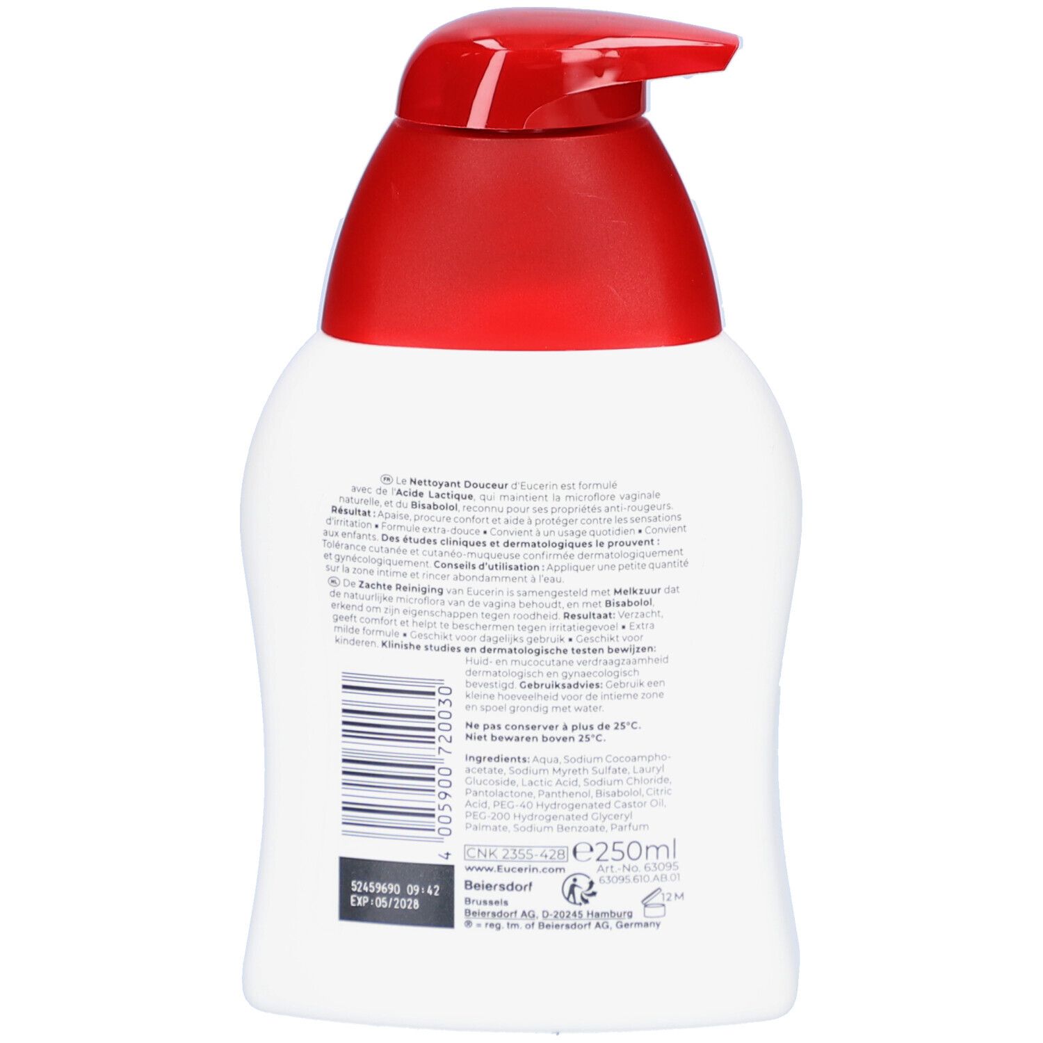 Retro del dispenser bianco con erogatore rosso. Testo e informazioni.