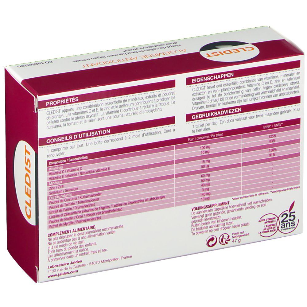 Retro della scatola CLEDIST. Testo: Proprietà, Consigli per l'uso, Composizione. Logo: 25 anni.