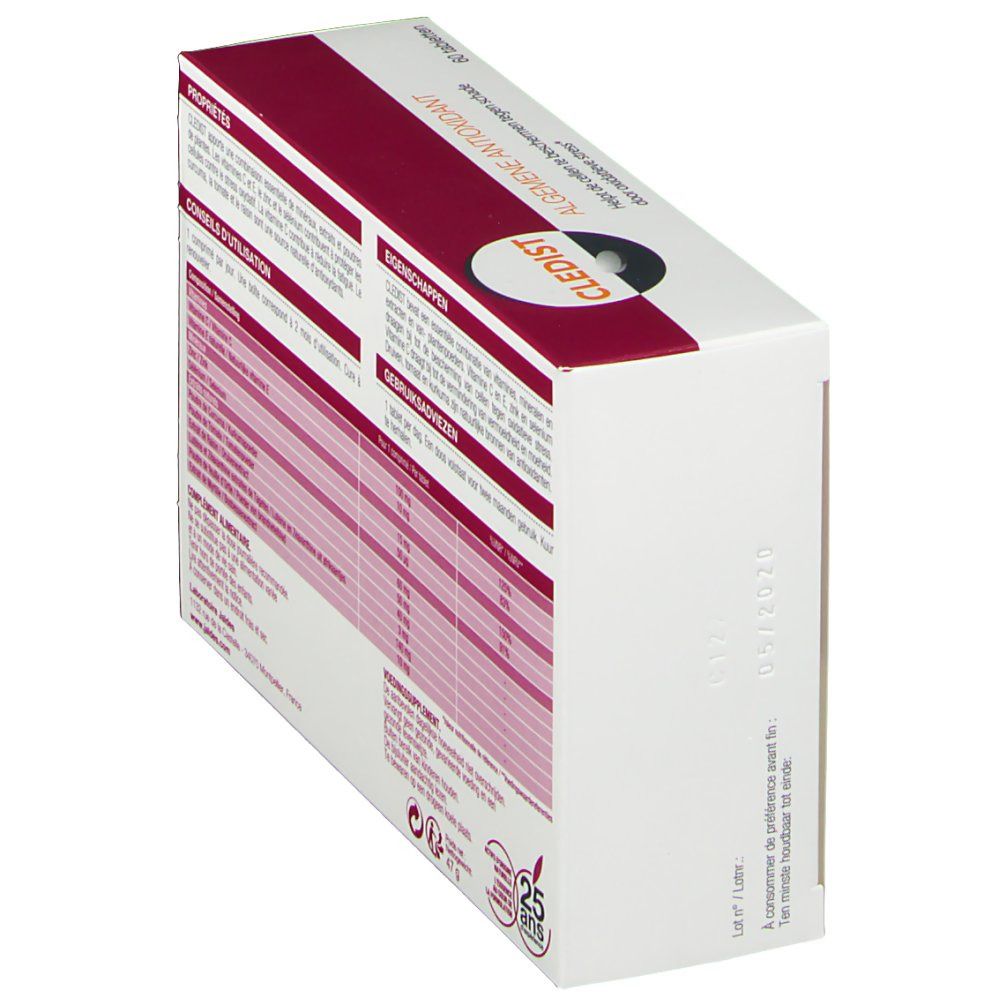 Vista laterale della scatola CLEDIST. Testo: Proprietà, Consigli per l'uso, Composizione. Logo: 25 anni.