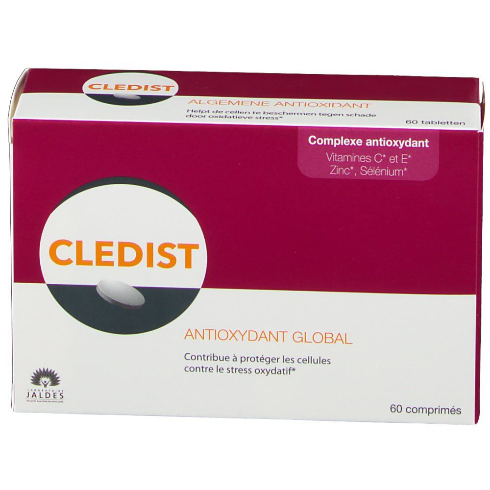 Scatola CLEDIST, scritta: Antiossidante Globale, 60 compresse. Ingredienti: Vitamine C ed E, Zinco, Selenio. Logo JALDES.